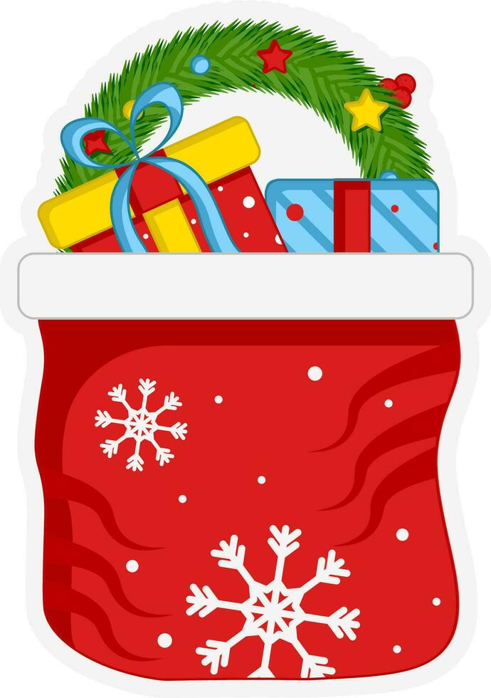 Isolated Sticker Style Christmas Bag With Full Of Gift Ornament Icon. vector