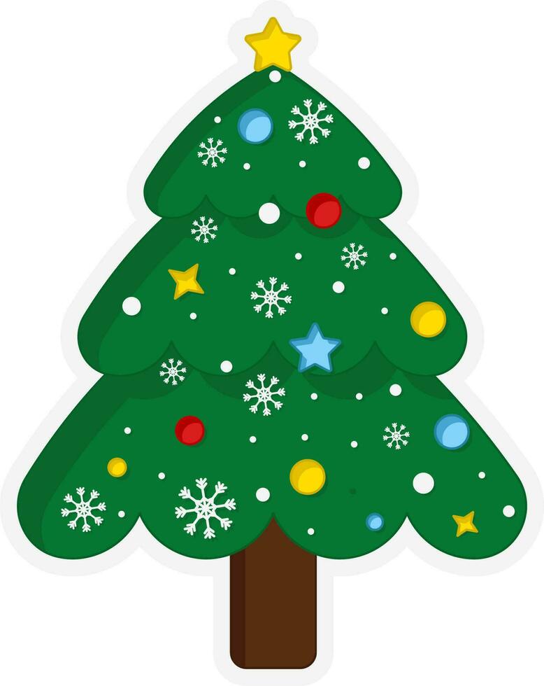 Illustration Of Decorative Sticker Style Christmas Tree Icon In Flat Style. vector