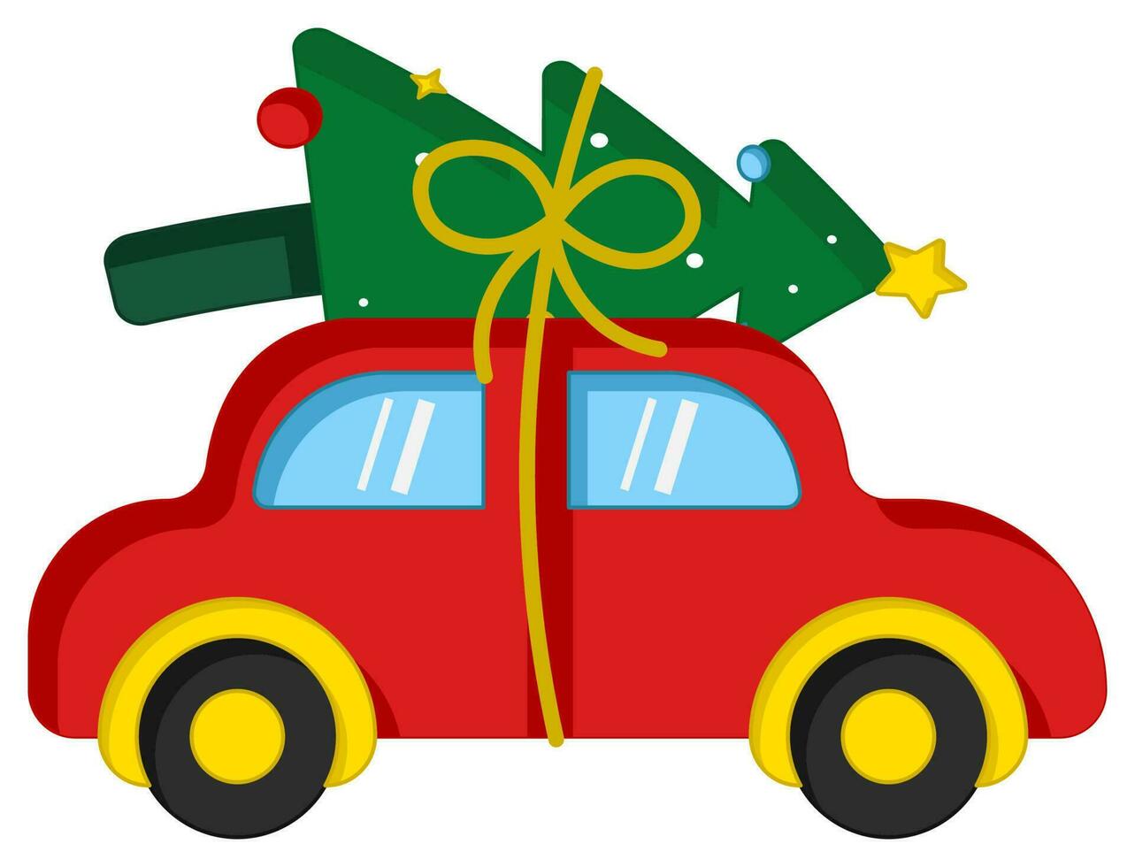 Illustration Of Sticker Style Car Carrying Christmas Tree In Flat Style. vector