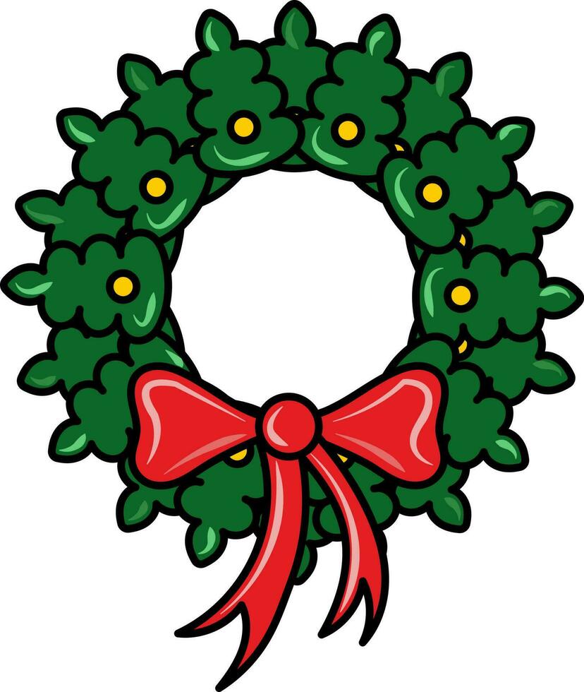 Isolated Decorative Christmas Wreath Icon With Bow Ribbon In Flat Style. vector