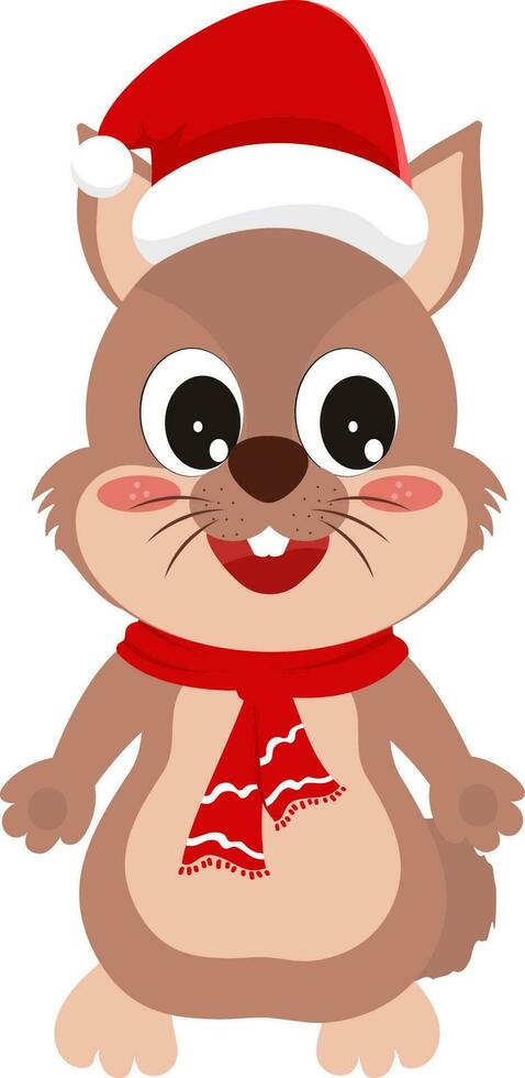 Cartoon Squirrel Wearing Sant Hat And Scarf On White Background. vector