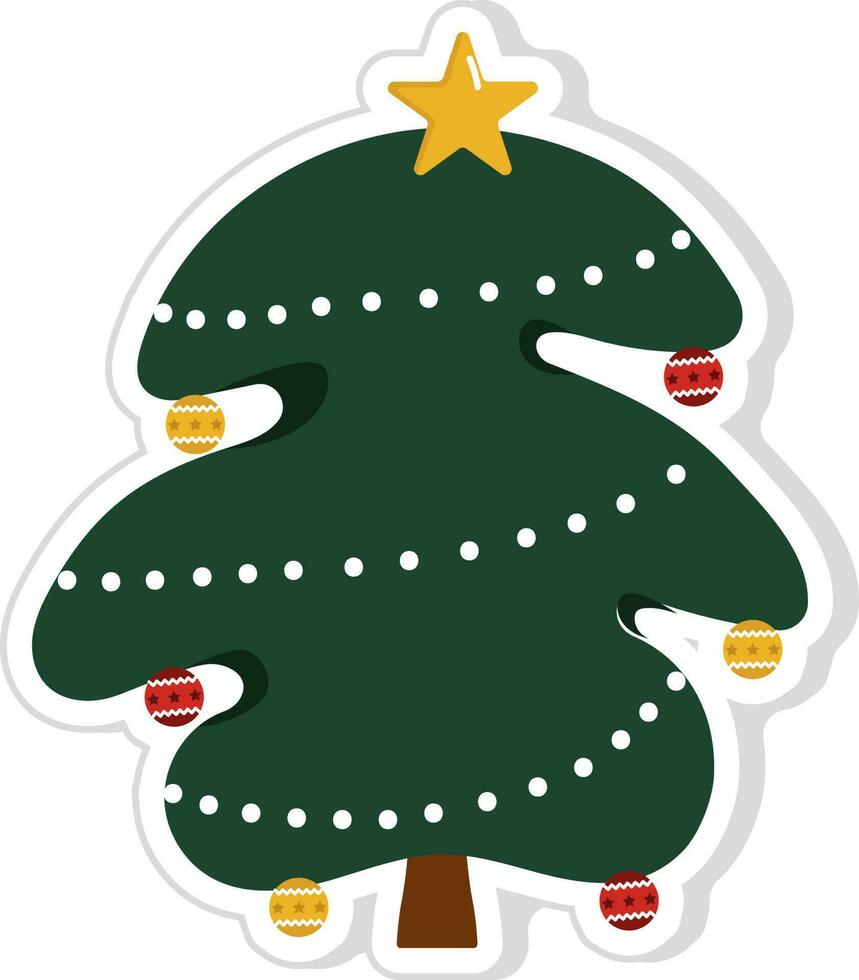 Isolated Cute Cartoon Style Christmas Tree With Decorated Bauble In Flat Style. vector