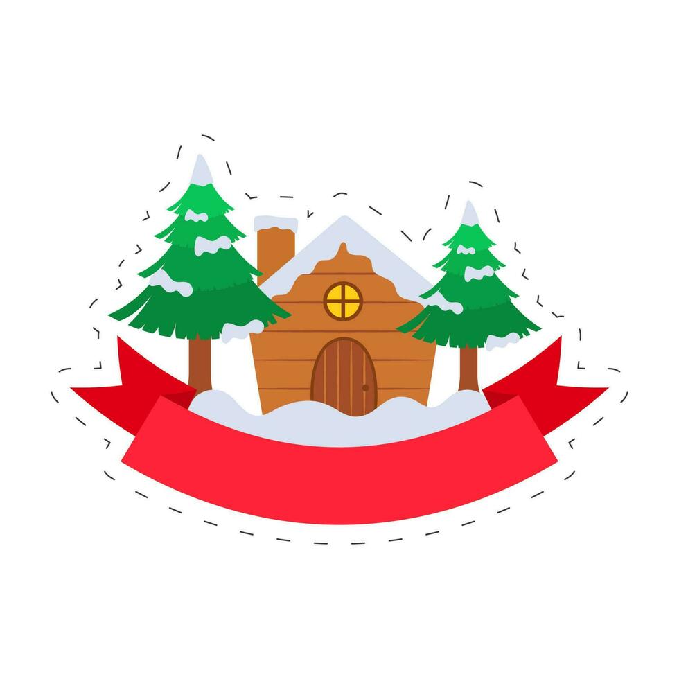 Merry Christmas Celebration Concept With Snow Covered Chimney House And Xmas Trees On White Background. vector