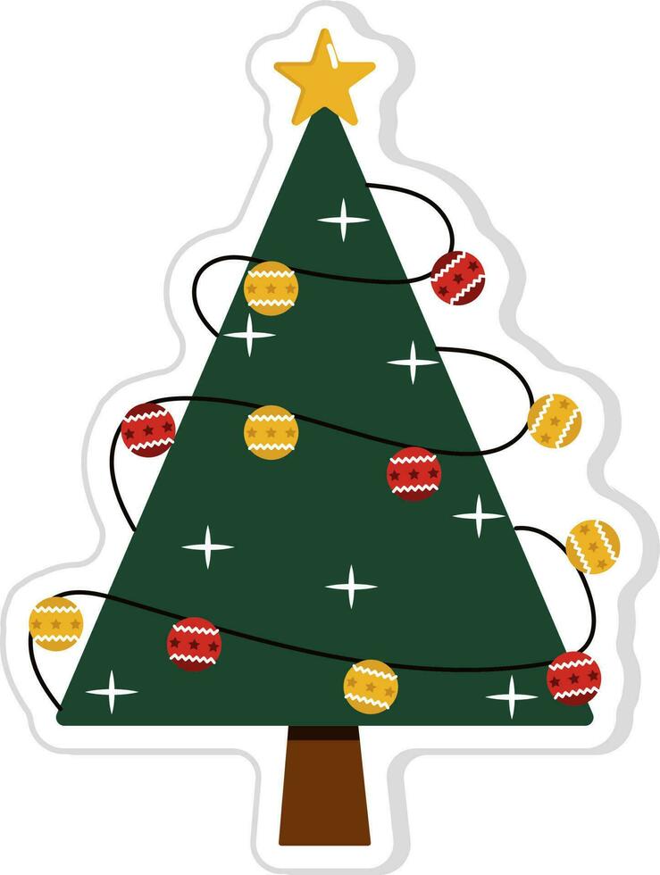 Decorated Christmas Tree Sticker Or Icon In Flat Style. vector