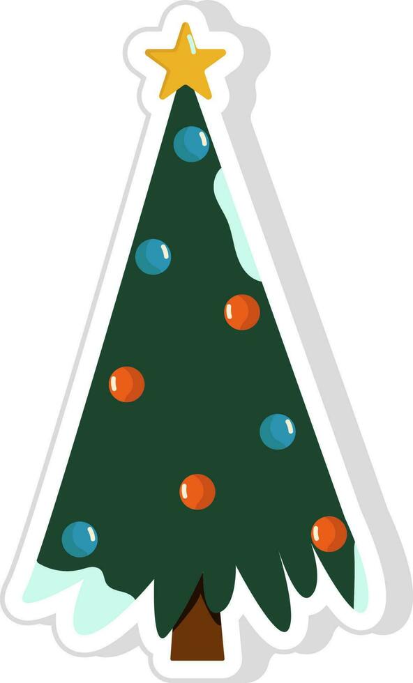 aislado decorado Navidad árbol pegatina o icono en plano estilo. vector