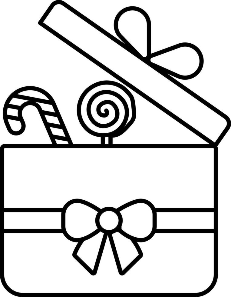 Isolated Open Surprising Gift Box With Lollipop And Candy Icon In Line Art. vector