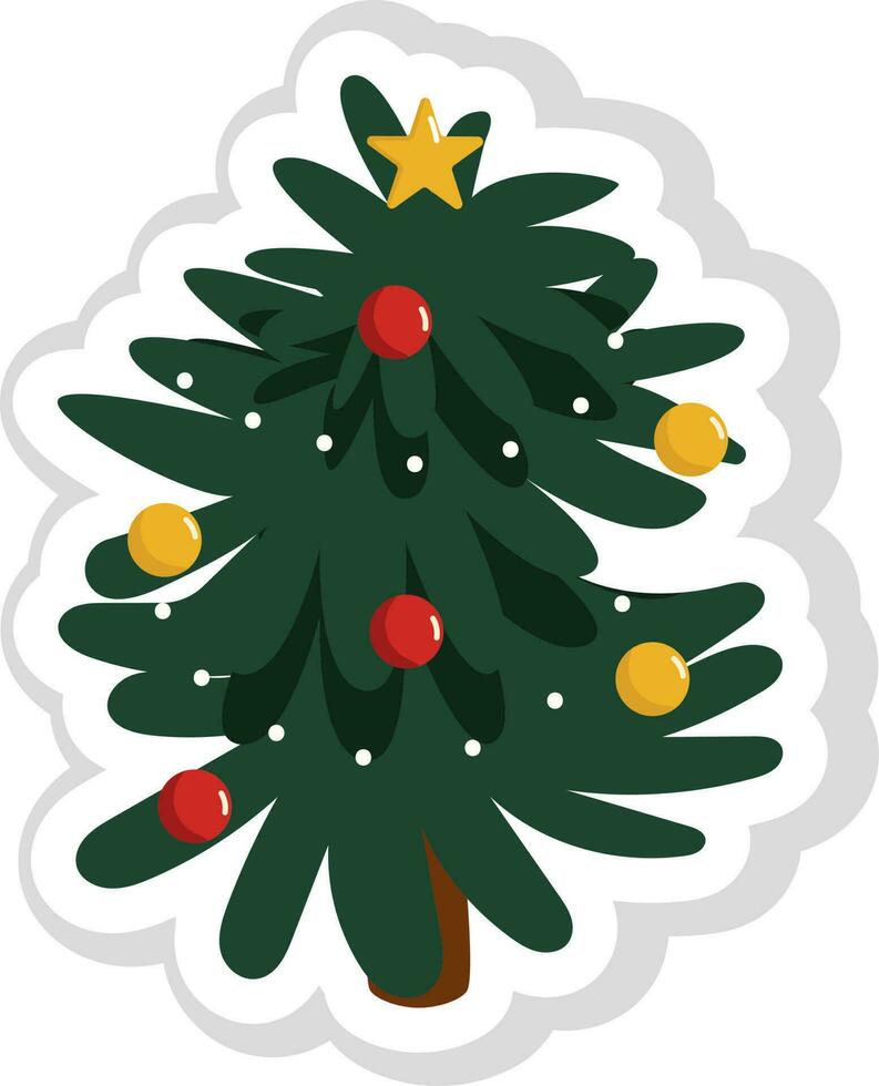 Doodle Style Vector Illustration Of Decorated Christmas Tree In Green Color.