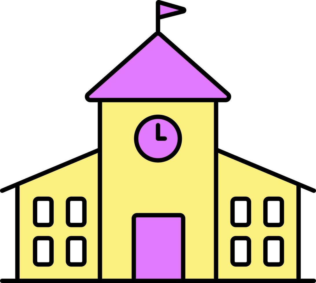 Flat Style School Building Icon Pink And Yellow Color. vector