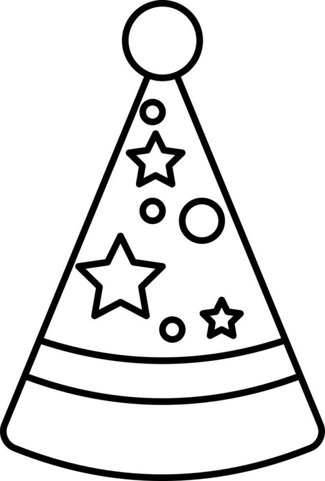 Circles And Stars Party Hat Icon In Black Line Art. vector