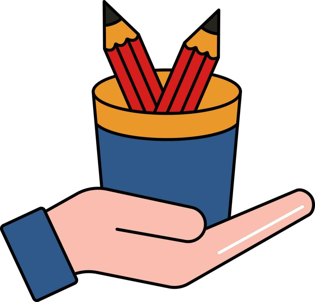 Colorful Pencil Holder Hand Icon Or Symbol. vector