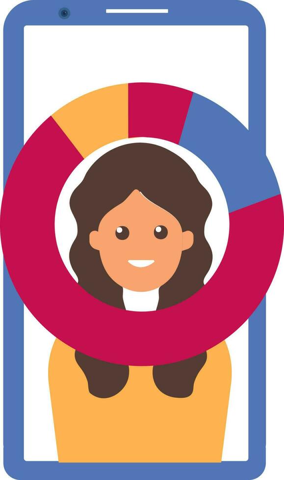 Colorful Female With Grow Pie Chart  In Smartphone Screen Icon. vector