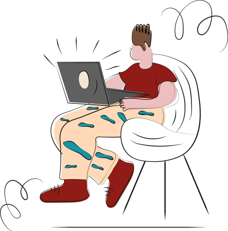 Laptop Holding Cartoon Young Man Sit On Chair Doodle Icon. vector