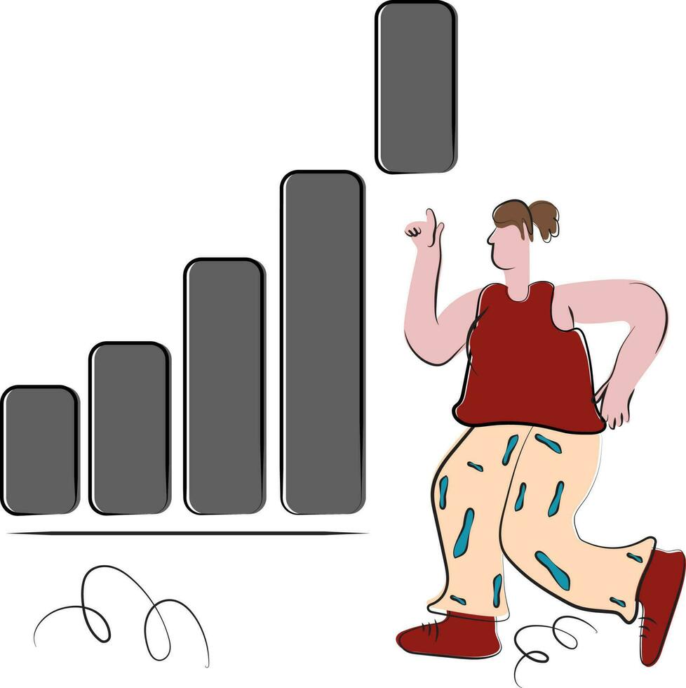 Illustration Of Running Young Woman Pointing To Top Bar Graph Doodle Icon. vector