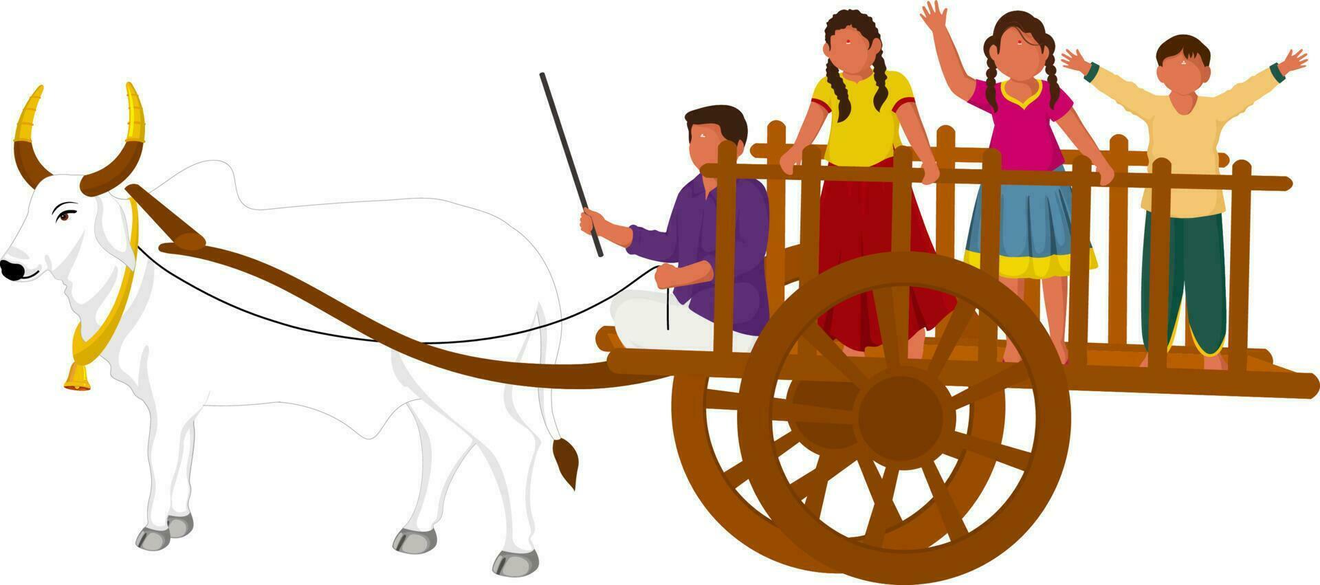 South Indian Man Riding Bullock Cart And Children Enjoying Against Background. vector