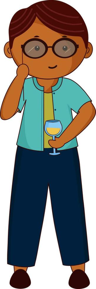 Cartoon Boy Wearing Photobooth Glasses Stick And Hold Drink Glass In Standing Pose. vector