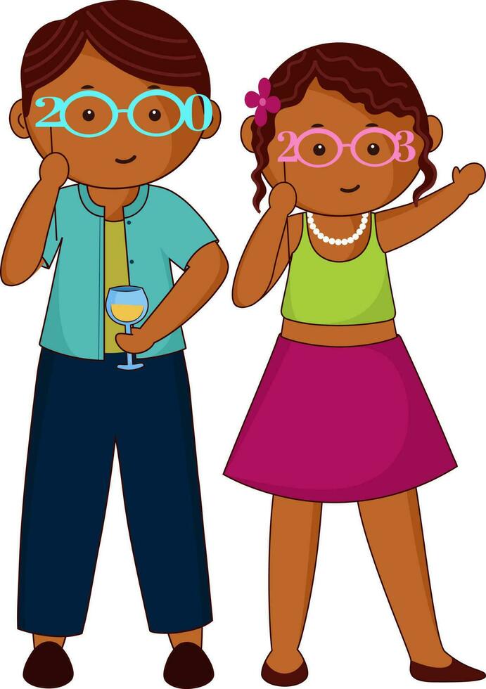 Funny Kids Wearing Photobooth Glasses Sticks Of 2023 And Drink Glass In Standing Poses. vector