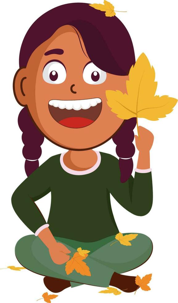 Happiness Young Girl Showing Autumn Leaves In Sitting Position. vector