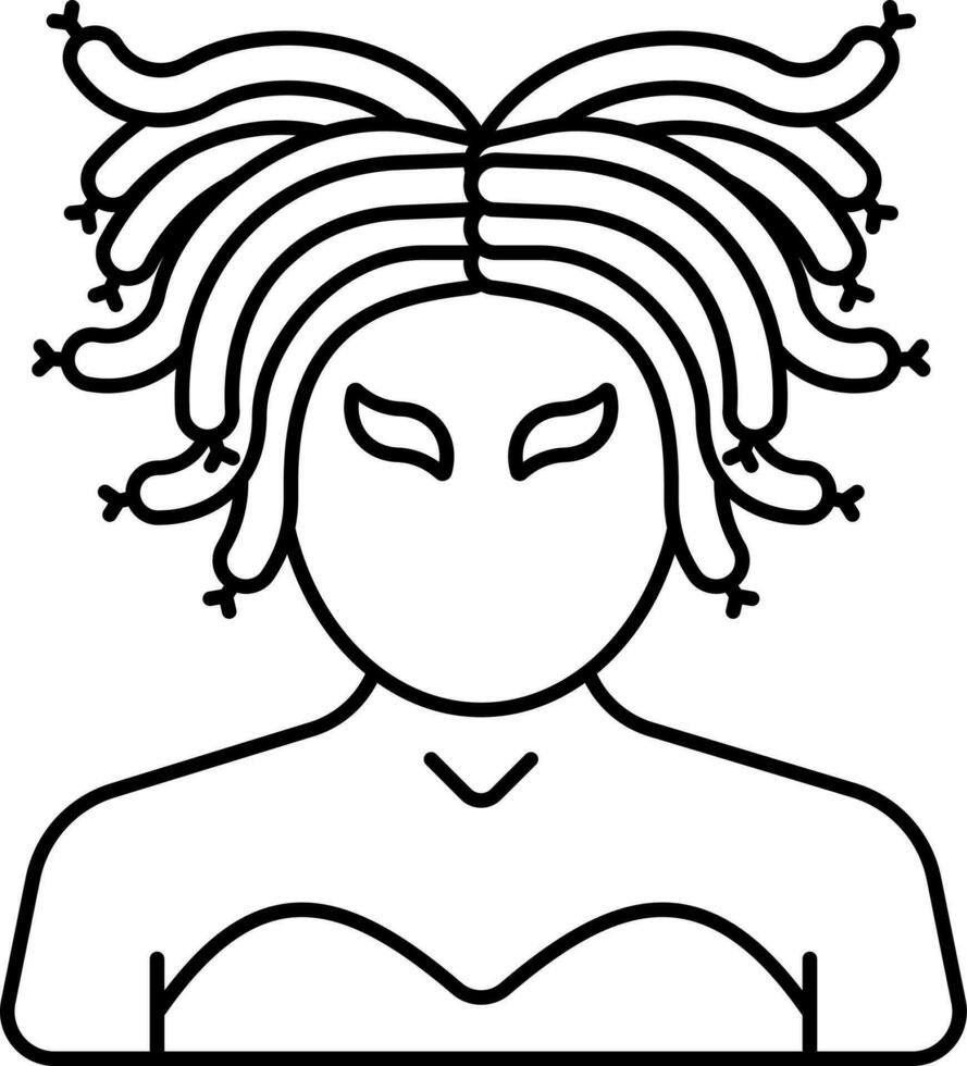 Black Linear Style Medusa Cartoon Character Icon. vector