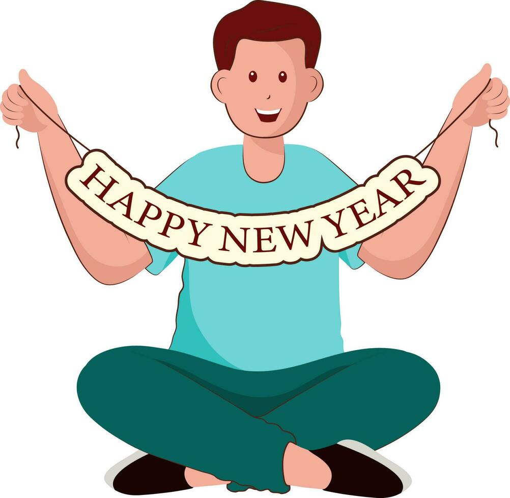 Cheerful Teenage Boy Holding Happy New Year Bunting In Sitting Pose. vector