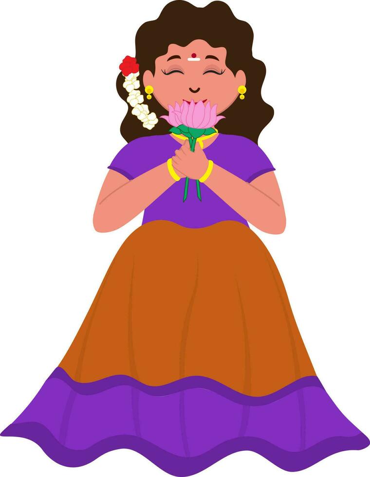 Beautiful South Indian Girl Holding Lotus Flower On White Background. vector