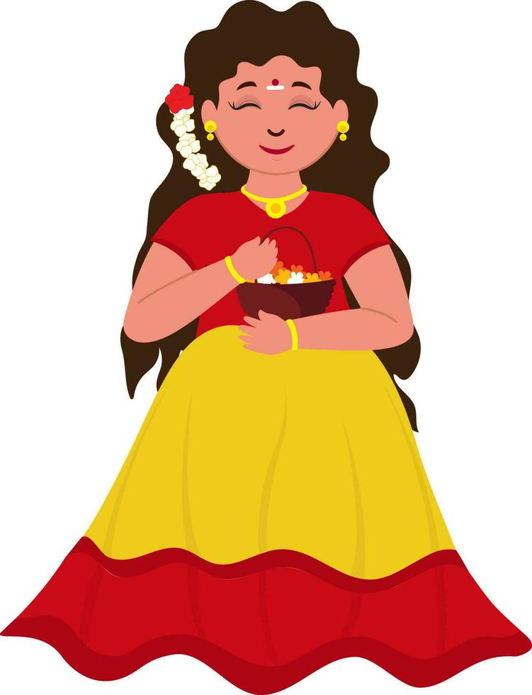 Beautiful South Indian Girl Holding Basket Full Of Flowers On White Background. vector