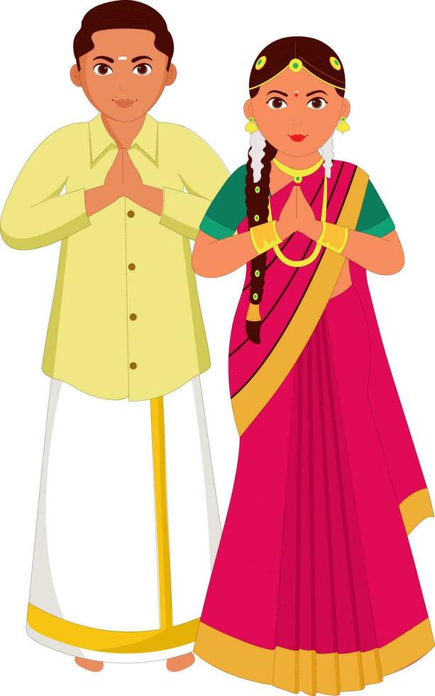 South Indian Wedding Couple Greeting Namaste In Traditional Dress Of Tamil Nadu. vector