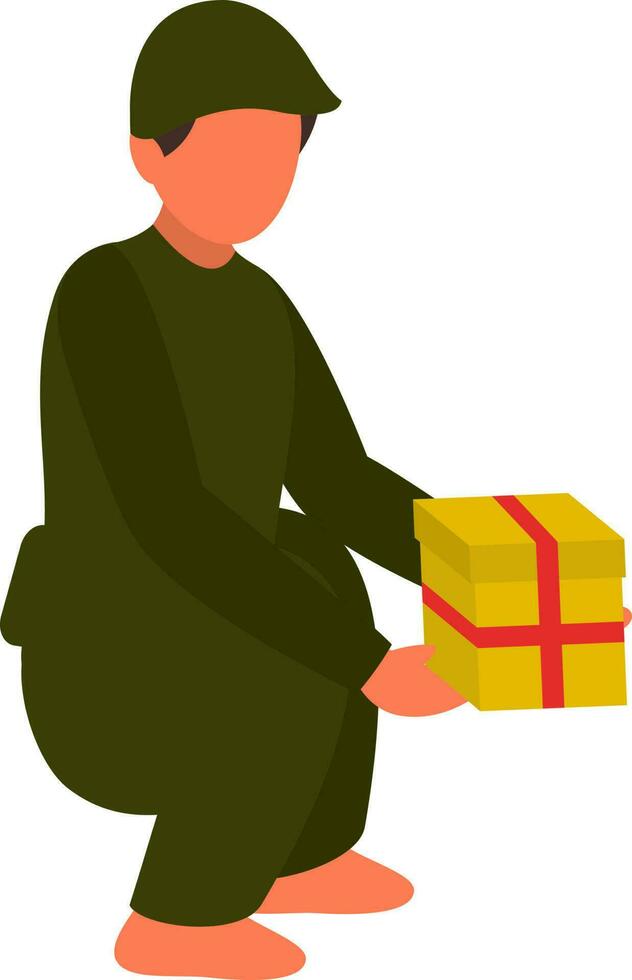 Faceless Young Boy Holding Gift Box In Sitting Pose. vector