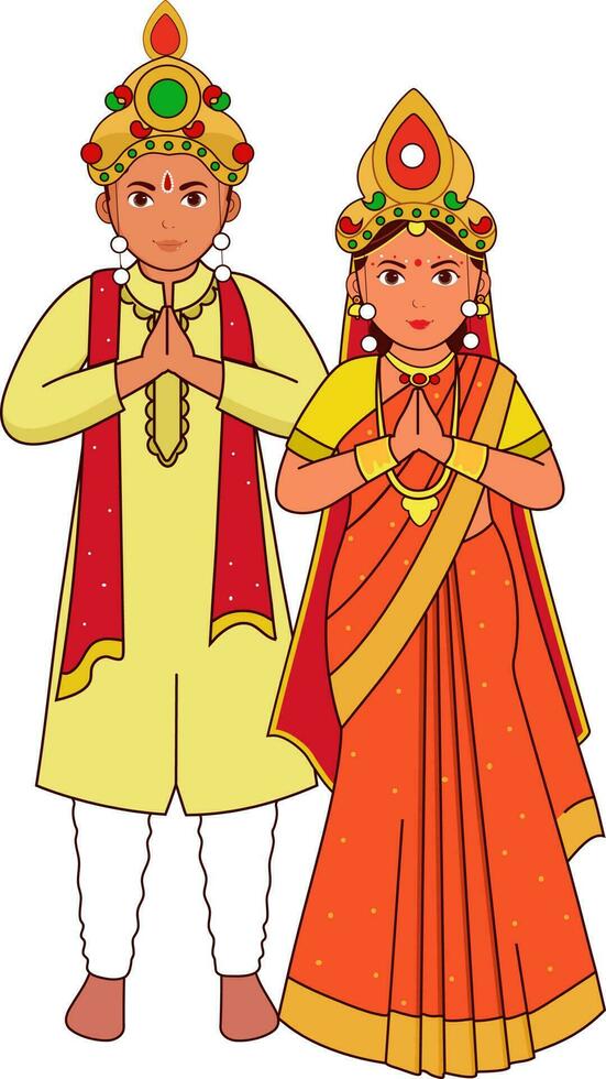 Odia Wedding Couple Greeting Namaste In Traditional Costume Of Odisha. vector