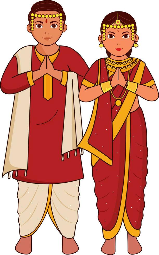 Maharashtrian Young Couple Wearing Wedding Dress In Namaste Pose. vector