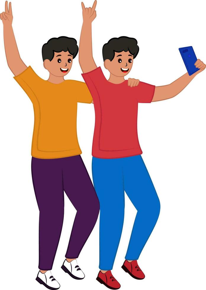 Cheerful Teenage Boy Taking Selfie With His Friend Or Brother From Smartphone. vector