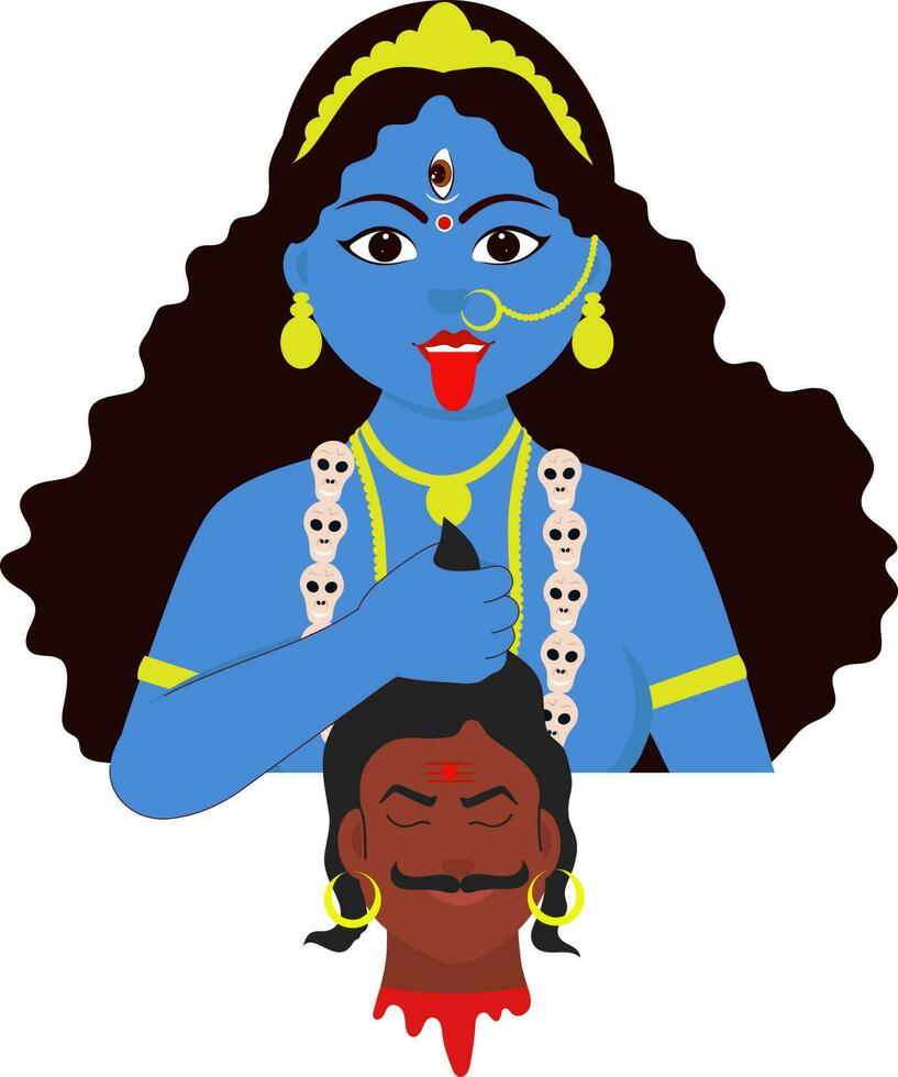Hindu Mythology Goddess Kali Holding Demon Head On White Background. vector