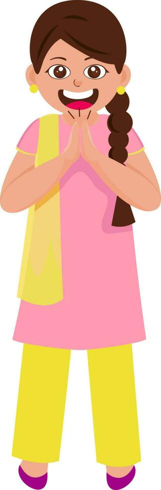 Cheerful Indian Girl Doing Namaste In Standing Pose. vector