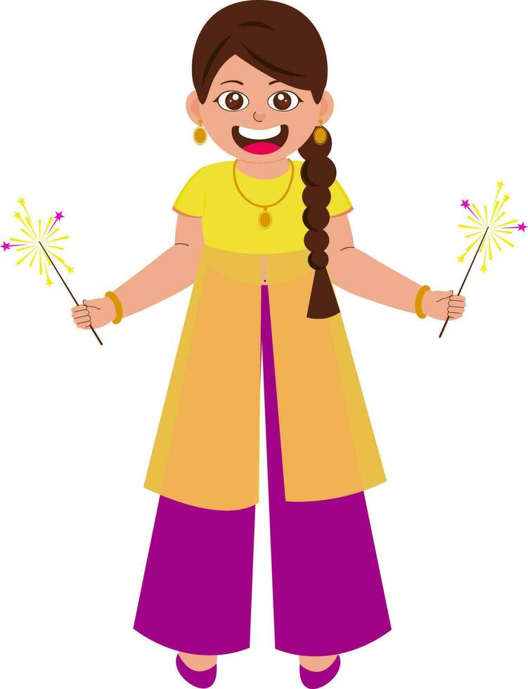 Cheerful Girl Holding Sparkling Sticks On White Background. vector