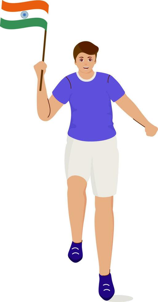 Young Man Holding India Flag In Walking Pose. vector