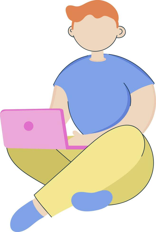 Faceless Young Boy Sitting On Floor Using laptop Illustration. vector