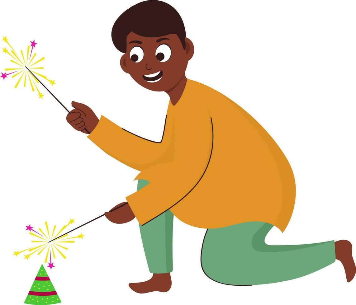 Cartoon Boy Holding Sparkling Stick With Fireworks Anar Illustration. vector