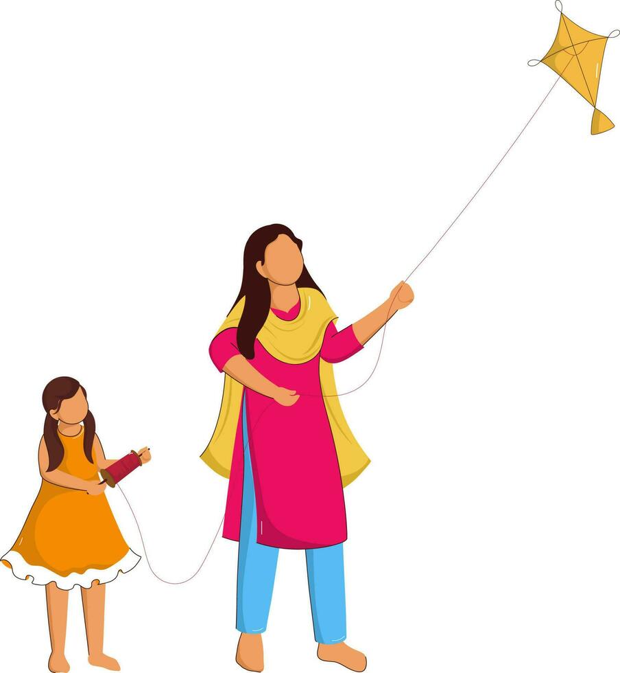 Faceless Young Female Flying Kite In Standing Pose. vector