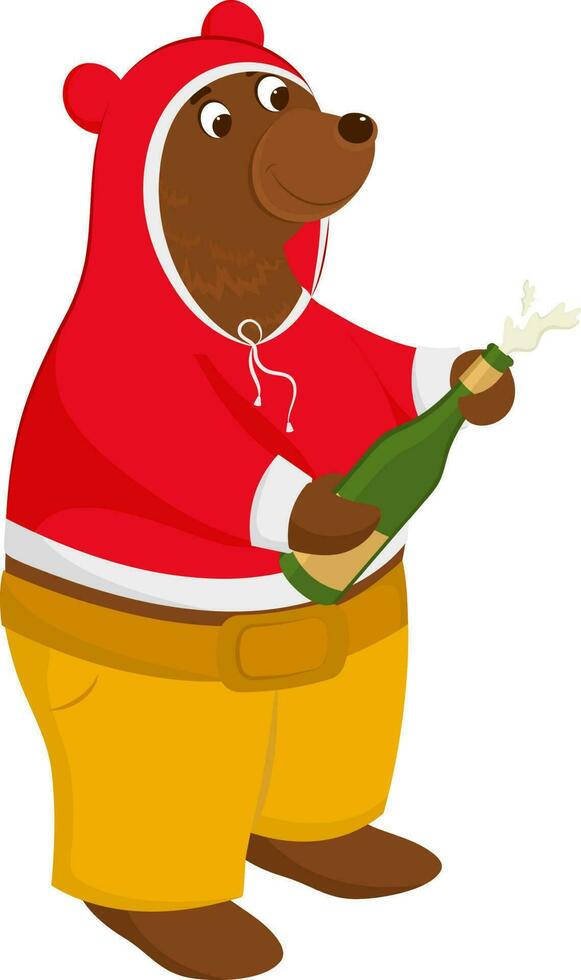 Cartoon Bear Uncorking Or Spraying Bottle Of Champagne In Woolen Clothes. vector
