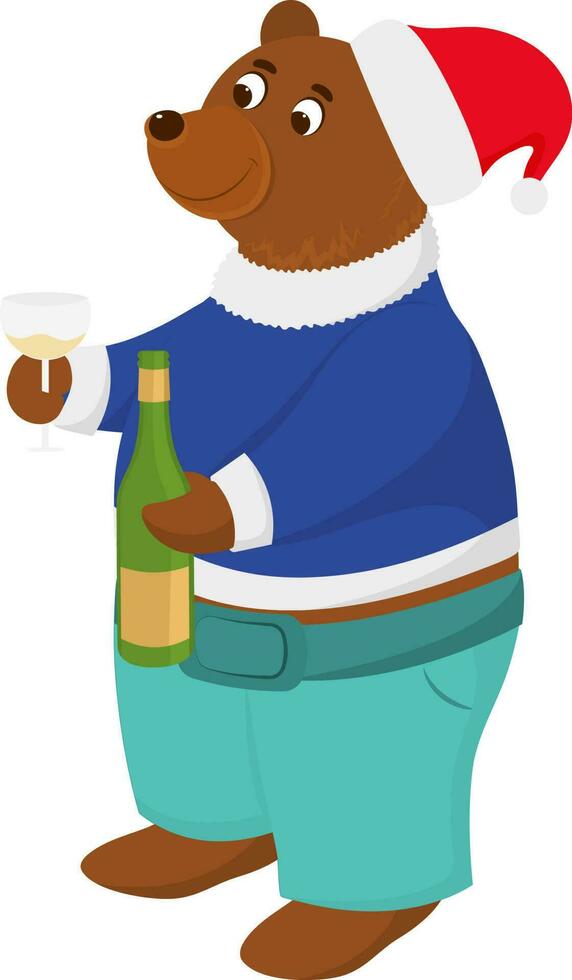 Cartoon Bear Holding Drink Glass With Champagne Bottle In Woolen Clothes. vector