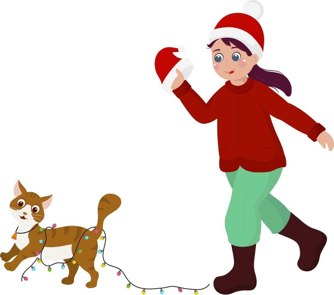 Character Of Young Girl Running After Cat With Lighting Garland Against Background. vector