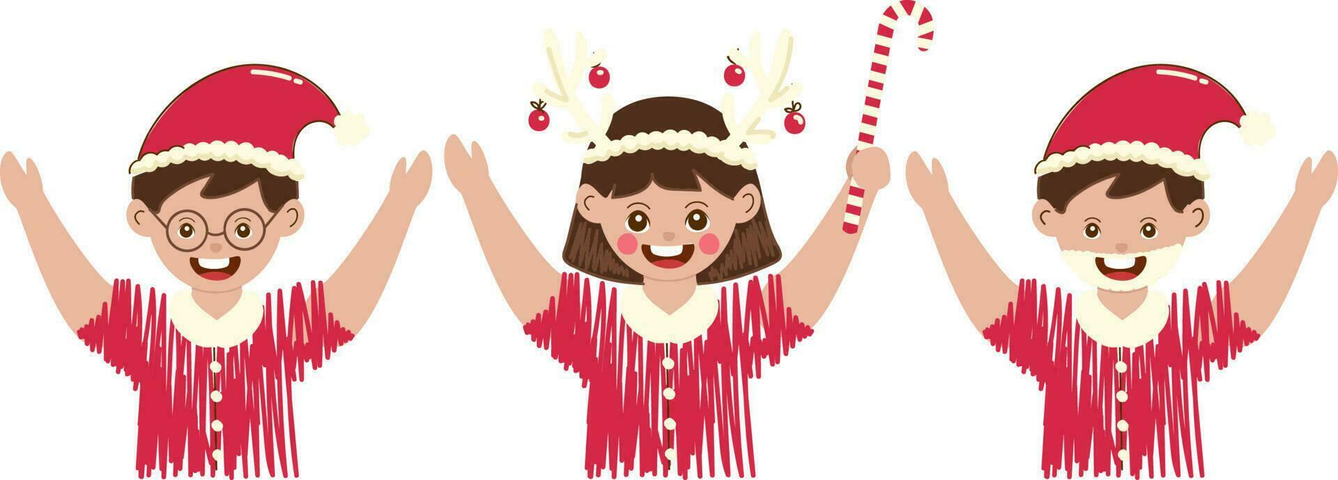 Cheerful Kids Raising Hands Up Against White Background. vector