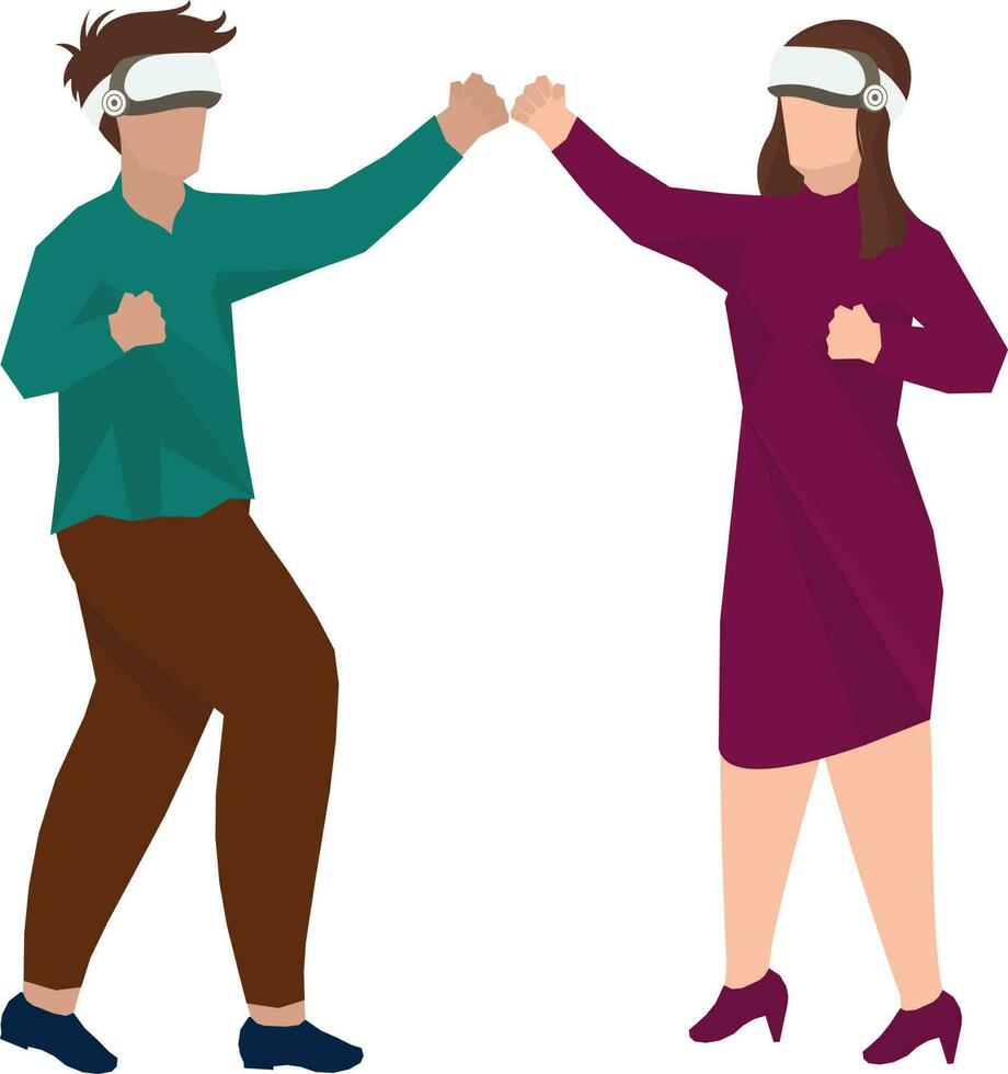 Man And Woman Wearing VR Headset With Clenched Fists Up Ready To Boxing On White Background. vector