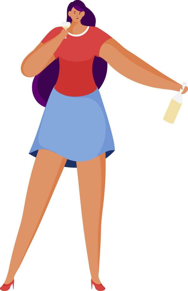 Midi Dress Wearing Smart Girl Holding Wine Glass With Bottle Flat Vector. vector