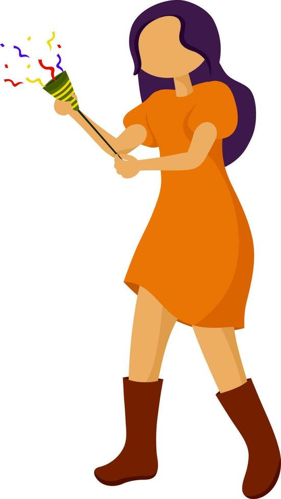 Faceless Modern Young Woman Holding Party Popper Which Exploding To Celebrate On White Background. vector