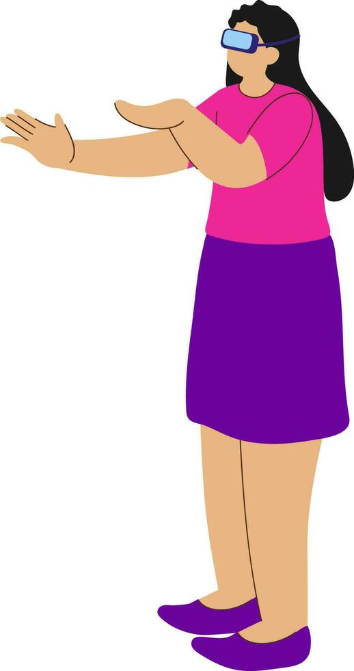 personaje de joven mujer vistiendo vr lentes con abierto mano palma en en pie pose. vector