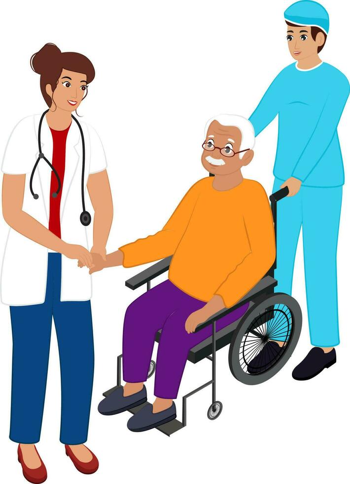 Female Doctor Examining To Senior Patient At Wheelchair With Ward Boy On White Background. vector