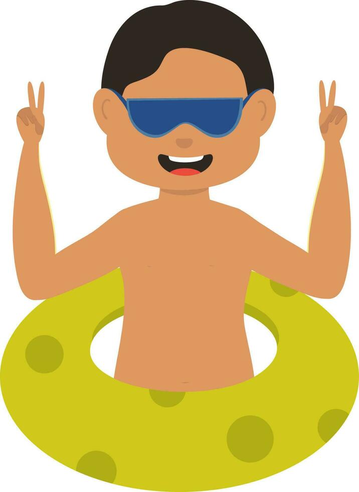 Cheerful Swimmer Boy With Lifebuoy On White Background. vector