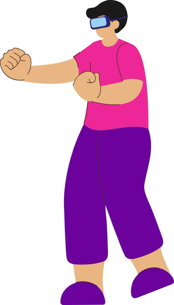 Cartoon Man Fighting Through VR Box In Standing Pose. vector