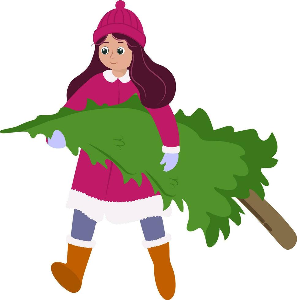 Character Of Young Girl Carrying Xmas Tree In Woolen Clothes. vector