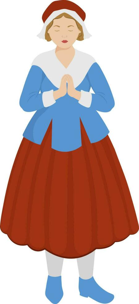 Illustration Of Young Girl Dressed As A Pilgrim In Welcome Pose On White Background. vector